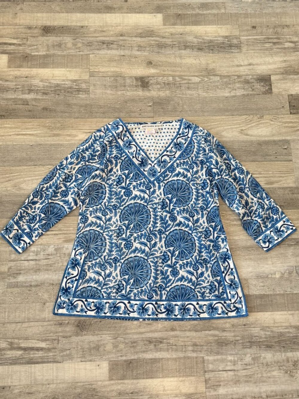 Gretchen Scott blue white floral 3/4 sleeve blouse size large P45